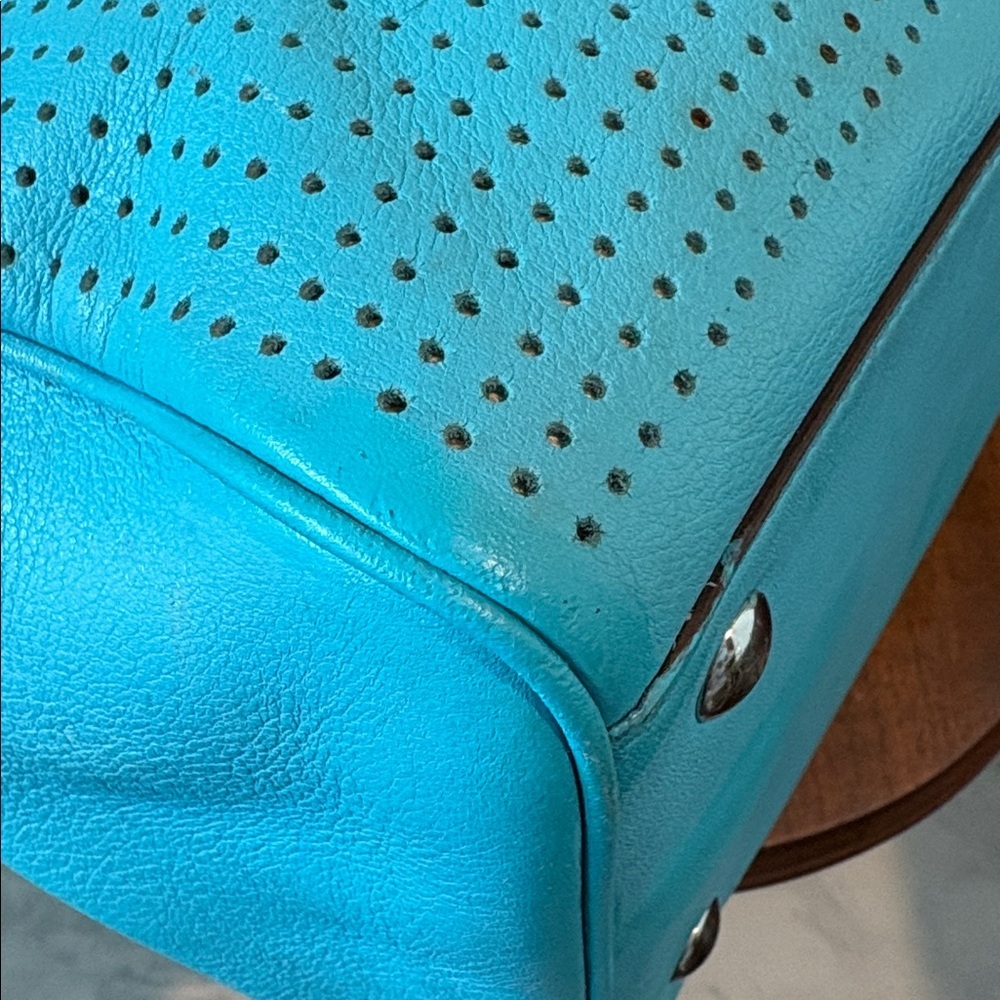 Coach perforated leather Haley Satchel turquoise/white tassels & hangtag Exce - Picture 12 of 17